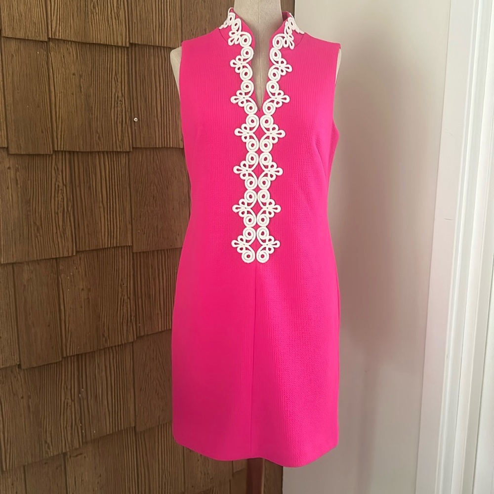 Vince Camuto Hot Pink Midi Dress with White Embroidered Trim